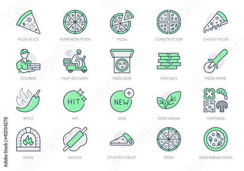 Pizza delivery line icons. Vector illustration set with icon as cheese slice, courier, box, pepperoni, vegetarian restaurant. Outline pictogram for pizzeria menu. Green Color Editable Stroke