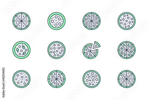 Whole pizza line icons. Vector illustration set with icon as sliced cheesy pepperoni, margarita and other. Outline pictogram for italian pizzeria. Green Color Editable Stroke