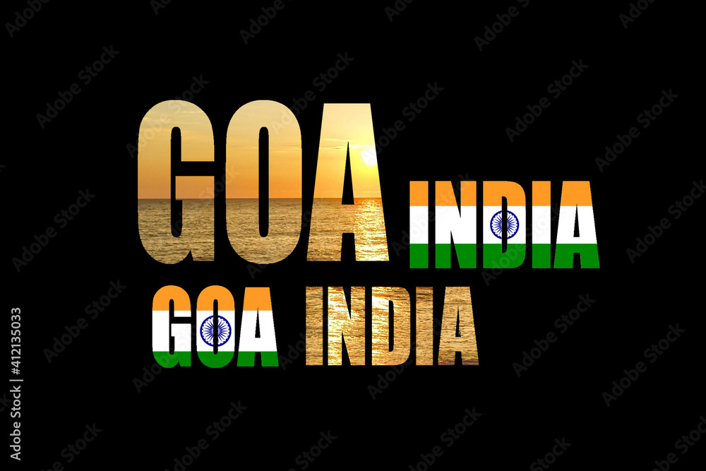 Obraz premium Word Goa India and the ocean at sunset on black background