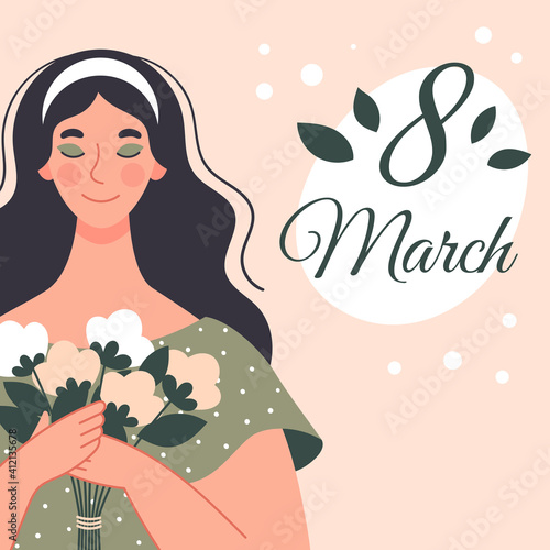 Beautiful woman with a bouquet of flowers. Postcard for women's day. Vector illustration in flat style