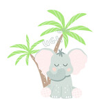 Little elephant sits under a palm tree. Vector illustration in cartoon style