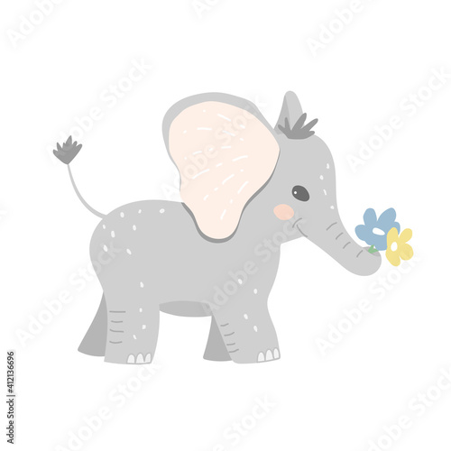 The baby elephant carries flowers in its trunk. Flowers for congratulating a friend  relative. Cartoon vector illustration.
