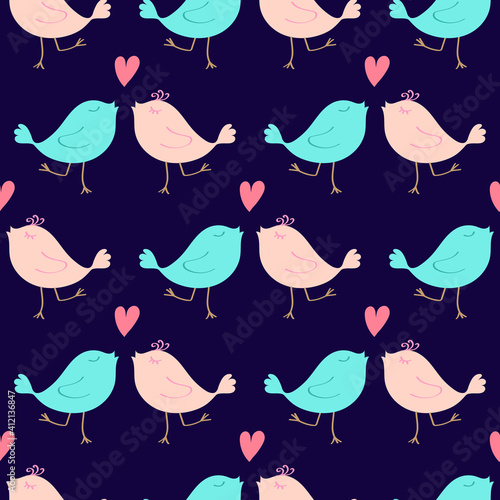 Valentines Day doodle seamless pattern. Romantic hand-drawn blue background with lovebirds and heart. Ideal for wrapping paper, textiles, wallpaper, wedding design. Vector illustration