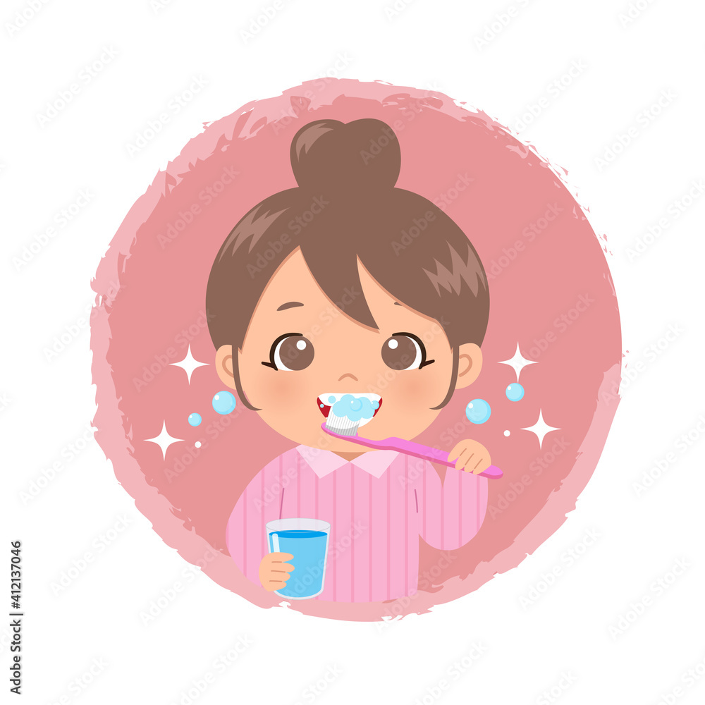 Cute girl brushing her teeth with tooth brush while holding a glass of water in other hand. Flat vector cartoon.