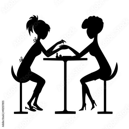 Manicure nail salon woman master, silhouettes of girl women do manicure, paints nails. Black silhouette. For icon, logo. Vector illustration