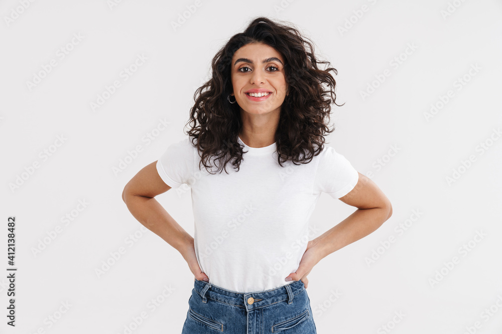 Happy beautiful brunette girl smiling and looking at camera Happy beautiful brunette girl smiling and looking at camera