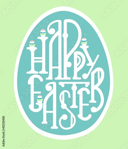 Happy Easter letters in the shape of an egg. Banner with an Easter egg and handwritten holiday wishes. Vector illustration in a strict style.