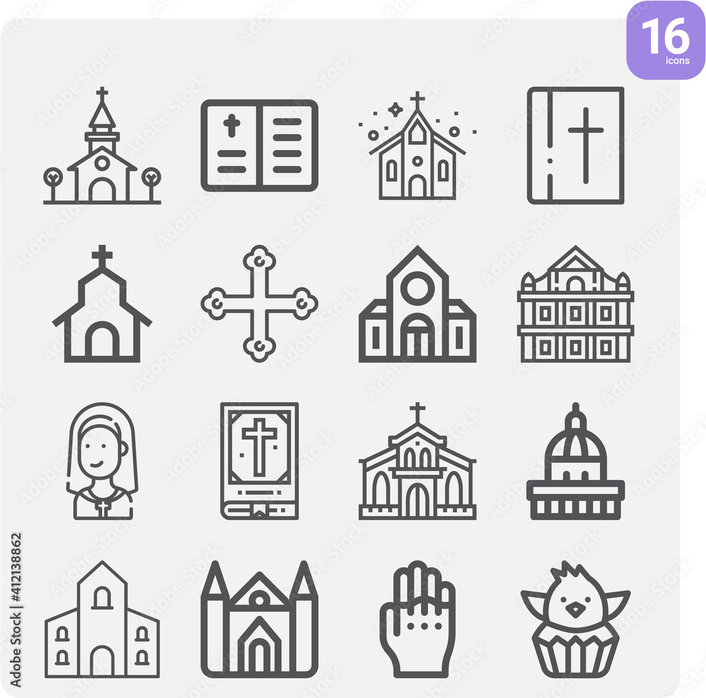 Simple set of catholicism related lineal icons.