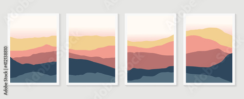 Mountain background wall art vector set. Sunrise and sunset with fog in mountains.  Earth tones landscapes abstract arts wallpaper design for wall framed prints, canvas prints, poster and home decor.