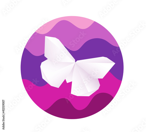 Origami butterfly is located on multi-colored waves background. Soft gradients are used for the butterfly.