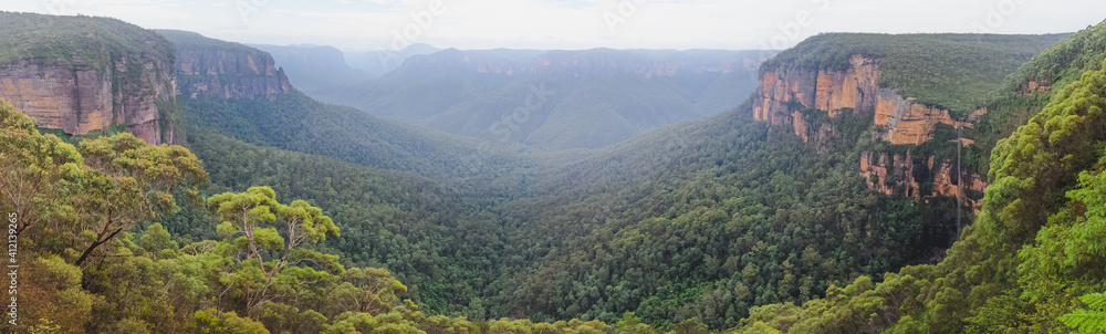 Landscape panorama view of Govetts Leap Lookout on a summer day in Blackheath of the Blue Mountains National Park in NSW, Australia.