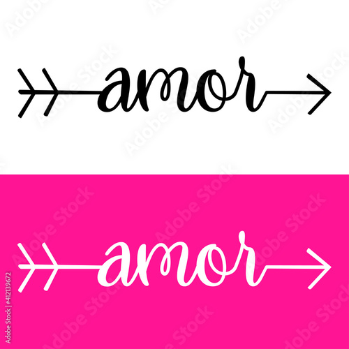Día de San Valentín. Logotipo con texto manuscrito amor en español con forma de flecha con lineas en fondo rosa y blanco
