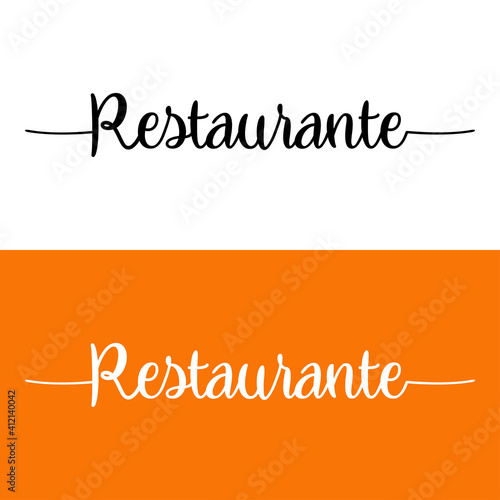 Logotipo con texto manuscrito Restaurante en español con lineas en fondo naranja y blanco