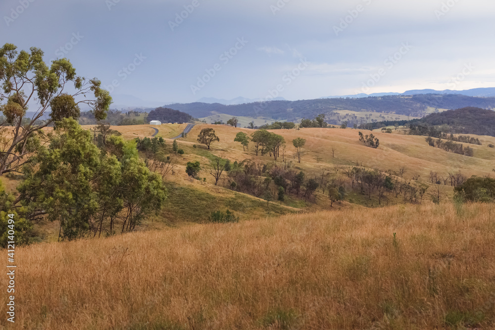 Rolling hills rural countryside landscape near Rydal in the Blue Mountains National Park in NSW, Australia.