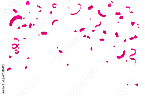 Valentine's Day Background With Many Falling Pink Tiny Confetti And Streamer Ribbon. Vector