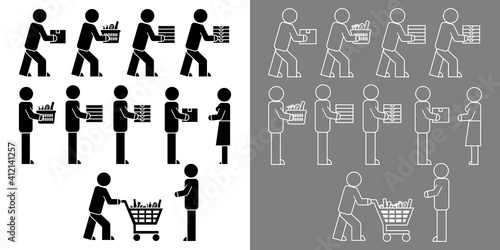 Ensemble de pictogrammes noirs ou blancs de différents livreurs apportant des produits aux consommateurs.
