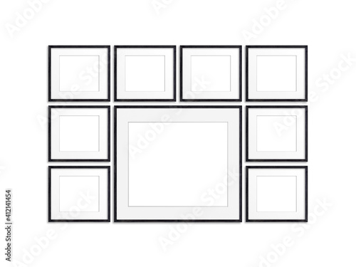 Photo frames set isolated on white background, nine black realistic wooden frameworks, 3d illustration
