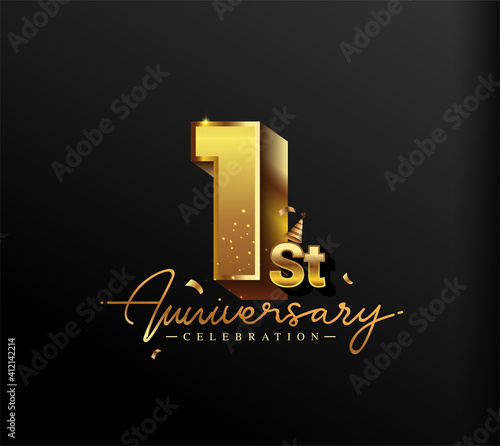 1st Anniversary Logotype with Gold Confetti Isolated on Black Background, Vector Design for Greeting Card and Invitation Card