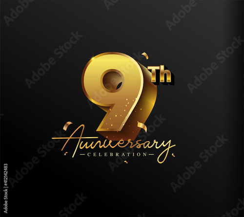 9th Anniversary Logotype with Gold Confetti Isolated on Black Background, Vector Design for Greeting Card and Invitation Card