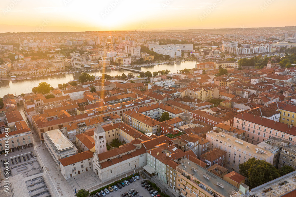 Aerial drone shot of Zadar old town square in sunrise hour in Croatia Dalmatia area