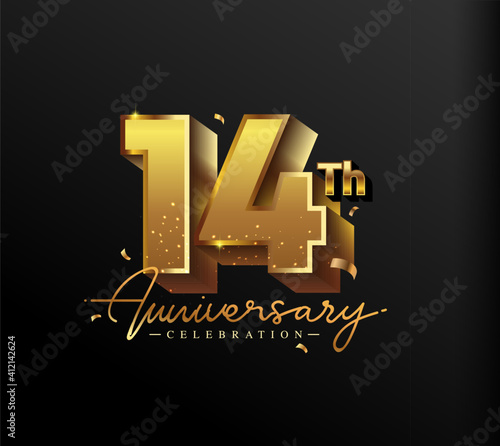 14th Anniversary Logotype with Gold Confetti Isolated on Black Background, Vector Design for Greeting Card and Invitation Card