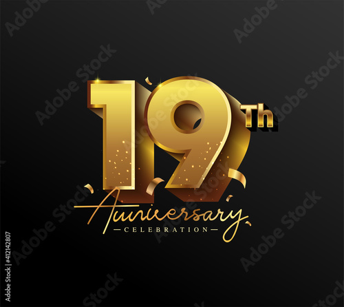 19th Anniversary Logotype with Gold Confetti Isolated on Black Background, Vector Design for Greeting Card and Invitation Card