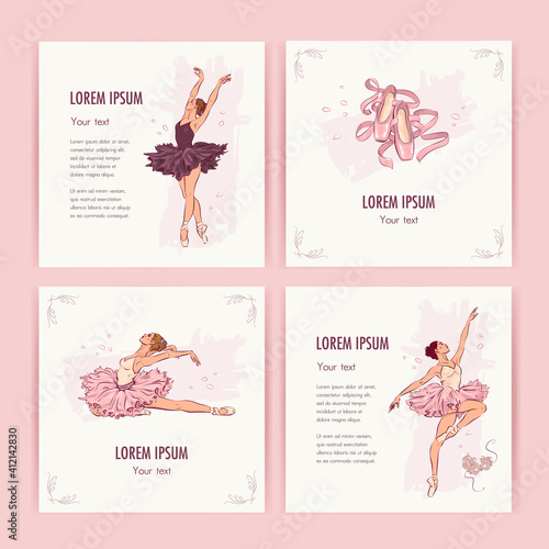 Ballet greeting card set. Hand drawn vector illustration of ballerina and ballet shoes