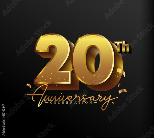 20th Anniversary Logotype with Gold Confetti Isolated on Black Background, Vector Design for Greeting Card and Invitation Card