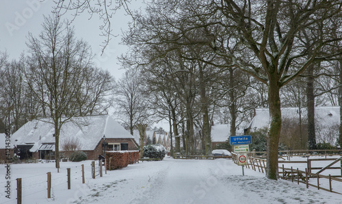 Uffelte Westerveld Drenthe Netherlands. Snow and frost. Village entrance sign.  © A