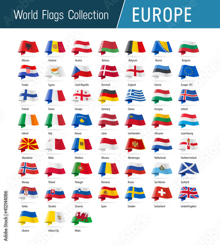 Flags of Europe, waving in the wind. Icons pointing location, origin, language. Vector world flags collection.