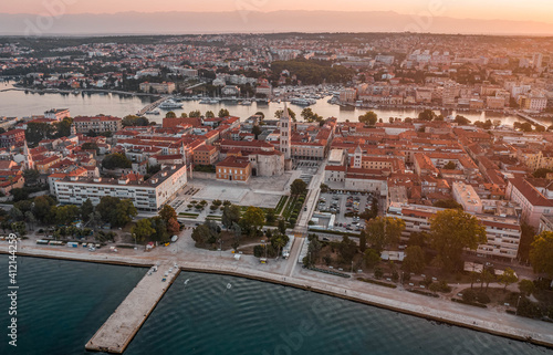 Aerial drone shot of Zadar old town during sunrise hour in Croatia Dalmatia area