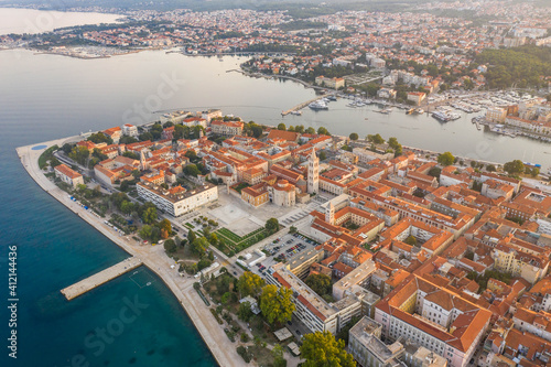 Aerial drone shot of Zadar old town during sunrise hour in Croatia Dalmatia area