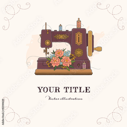 Vector hand drawn illustration of sewing machine and flowers

