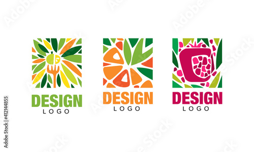 Fresh Fruits Logo Design Set, Vegetarian Food Templates, Packaging Labels, Banner, Poster, Abstract Background Cartoon Style Vector Illustration