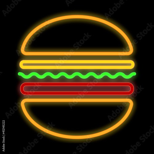 Burger neon sign. Hamburger icon on black background. Luminous advertising.