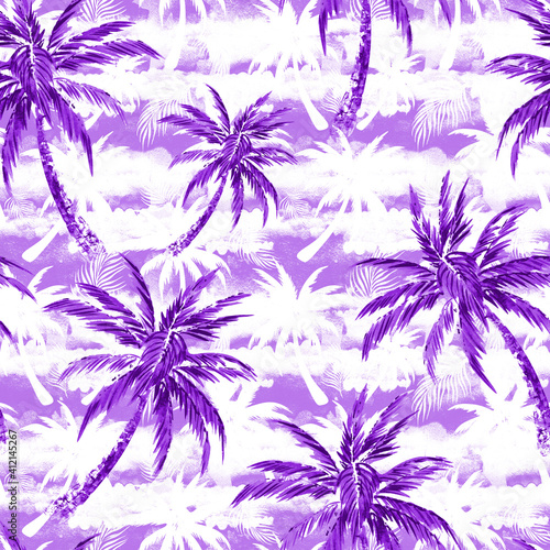 coconut palms on purple background. rainforest tropical seamless pattern. © AineGing