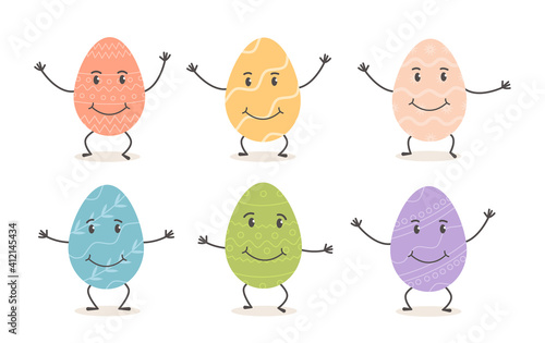 Bundle of dancing Decorated Easter Eggs Characters with funny faces isolated on white background. Collection of with various ornaments. Seasonal character set for Paschal. Flat cartoon illustration.
