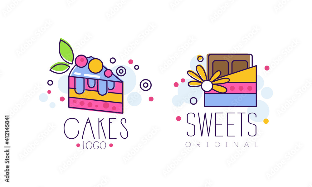 Sweet Dessert Logo Design Set, Tasty Cake and Sweets Food Labels for Bakery, Candy Shop, Cafe Design Cartoon Style Vector Illustration