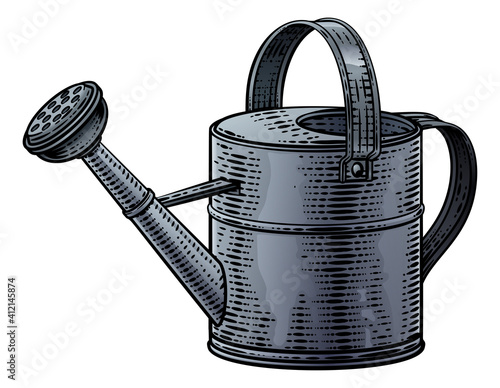 Garden watering can gardening tool illustration in a vintage retro woodcut style