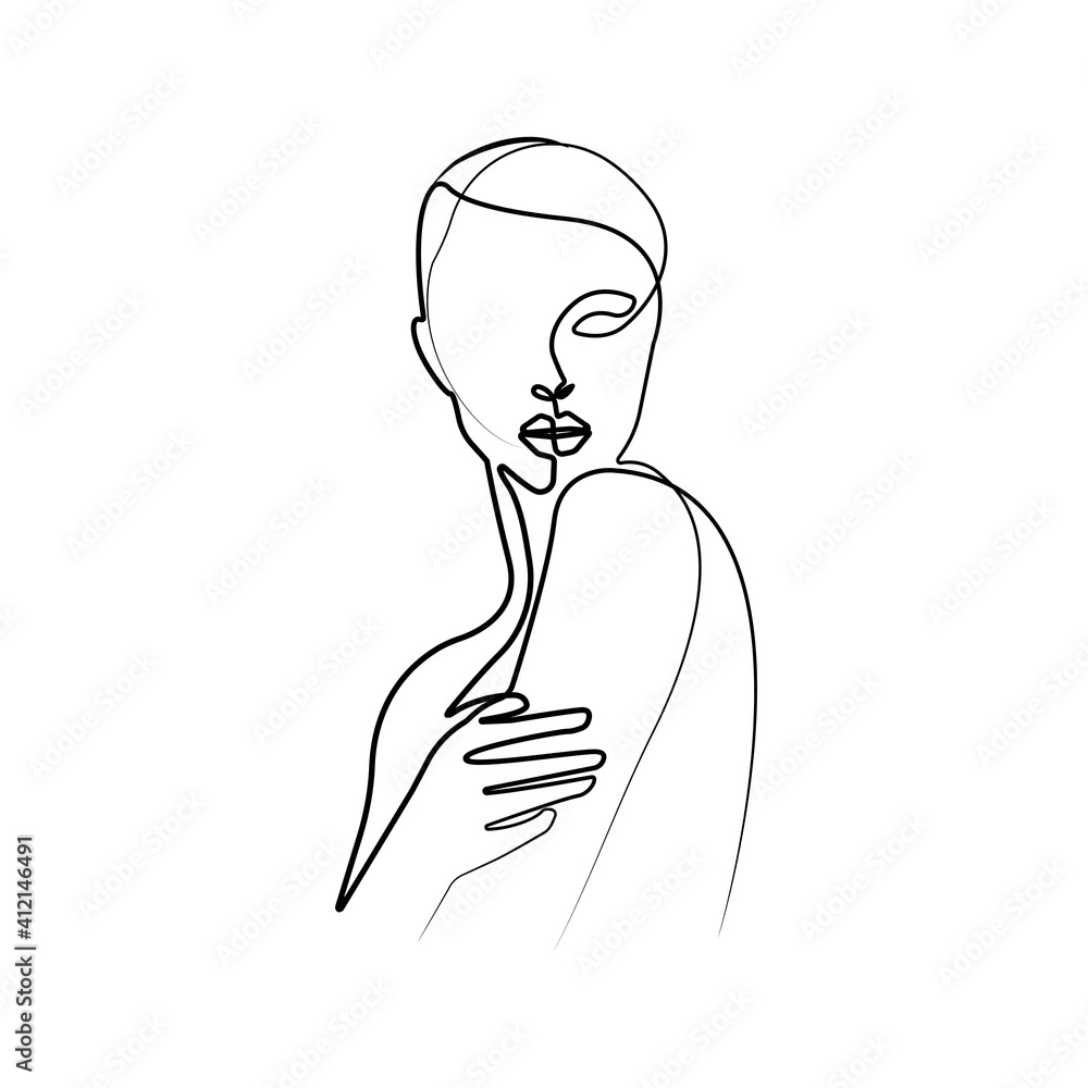 Woman Abstract Face One Line Drawing. Female Portrait Minimalist Style. Modern Minimal Print. Trendy Illustration for Cosmetics. Continuous Line Art. Fashion Minimal Print. Beauty Logo. Vector