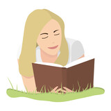 a girl with blond hair lying on the grass is reading a book, an open book of burgundy color