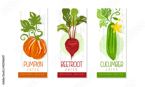 Fresh Vegetable Juice Labels Set, Pumpkin, Beetroot, Cucumber Juice Badges, Packaging Design Templates Cartoon Style Vector Illustration