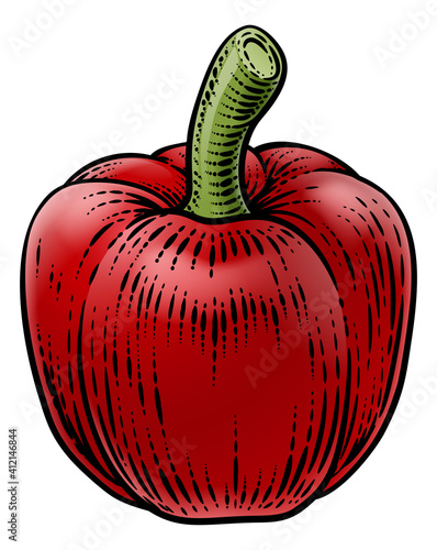 Pepper vegetable illustration in a vintage retro woodcut etching style.