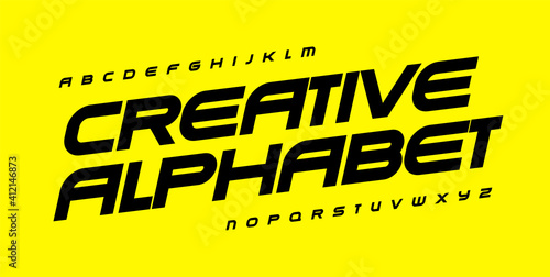 Creative alphabet for automotive, sport, gym and fitness. Geometric font, wide bold italic type for modern logo, banner and poster headline, monogram, quote and lettering. Vector typographic design