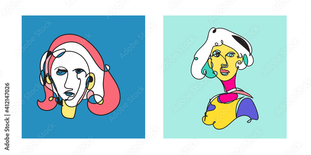 Fototapeta premium Colorful Woman portrait continuous line art drawing in psychedelic abstract surreal style.