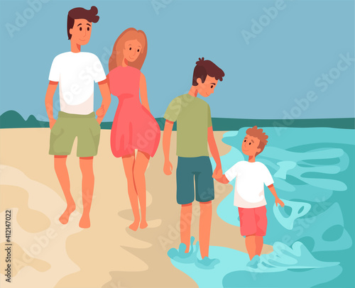 Family with children walking on the beach. Flat design illustration. Vector