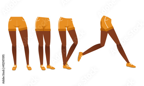 African American Girl Legs in Shorts and Shoes in Various Poses Set, Female Person Character Creation Details Cartoon Vector Illustration