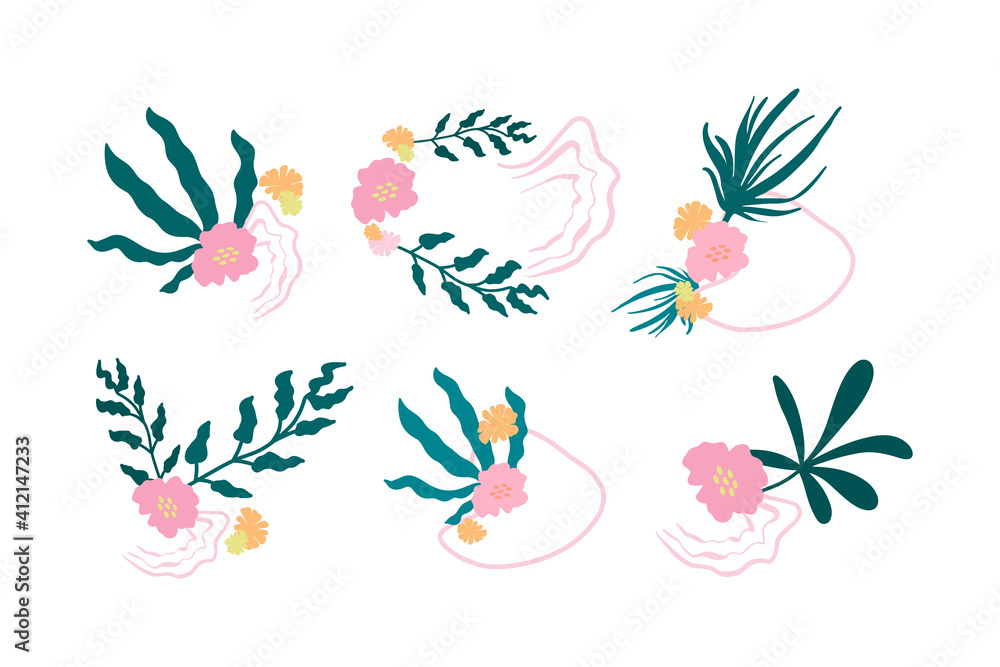 Set of vector floral frames. Illustration in pink colors on a white background.