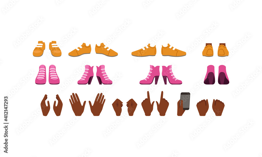 Shoes and Palms of African American Girl with Various Gestures Set, Female Person Character Creation Cartoon Vector Illustration