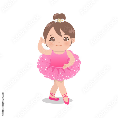 Cute pink ballerina girl dancing with tutu glitter dress. Flat vector isolated.